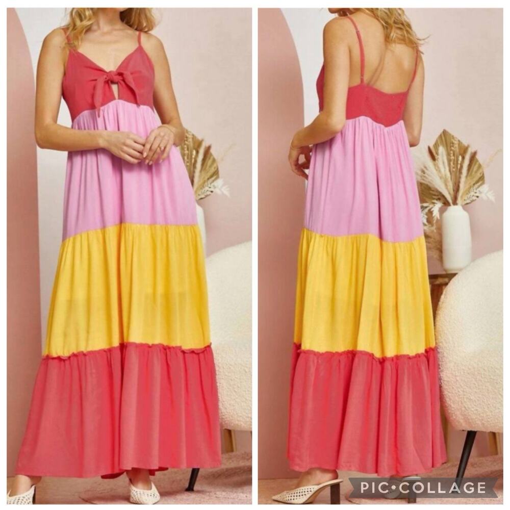 NWT Andree By Unit Colorblock Maxi Dress Size 1X Tie Bust Tiered Beachy Sundress